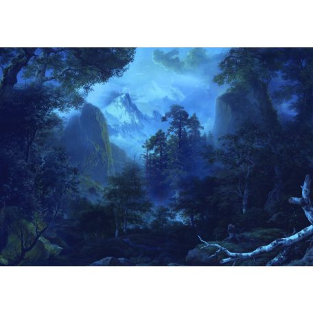 A holdfényes éj fantasztikus kékjei erdős hegyvidéki tájon éjkék fehér zöld kék és fekete tónusok falpanel/digitális nyomat