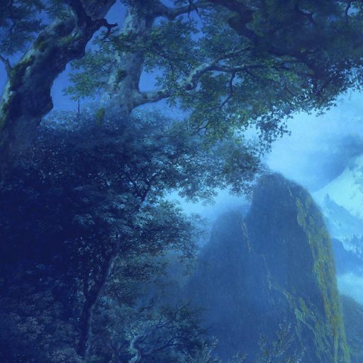 A holdfényes éj fantasztikus kékjei erdős hegyvidéki tájon éjkék fehér zöld kék és fekete tónusok falpanel/digitális nyomat