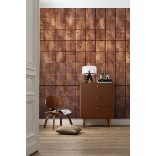 Négyzetekre tagolt meleg színvilágú koptatott faburkolat vörös vörösesbarna sárgásbézs lila és barna tónusok falpanel/digitális nyomat