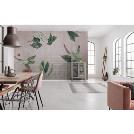 A trendek összefutnak - Etno sorminta és trópusi levelek betonfal háttéren szürke zöld mályva és bézsarany falpanel/digitális nyomat