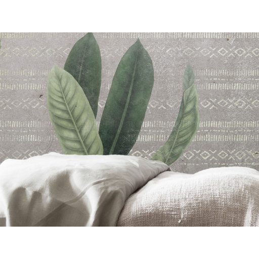 A trendek összefutnak - Etno sorminta és trópusi levelek betonfal háttéren szürke zöld mályva és bézsarany falpanel/digitális nyomat