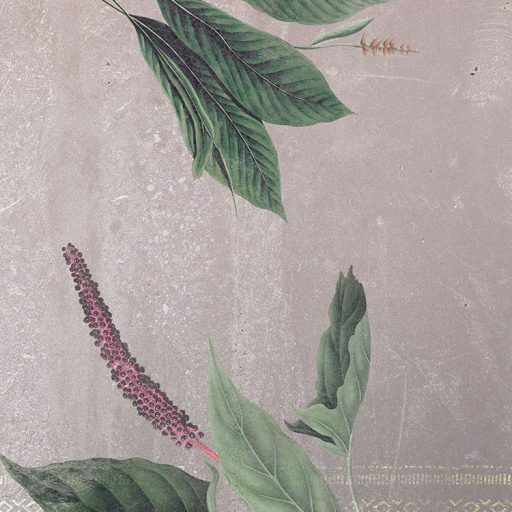 A trendek összefutnak - Etno sorminta és trópusi levelek betonfal háttéren szürke zöld mályva és bézsarany falpanel/digitális nyomat