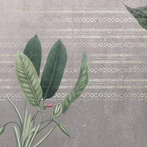 A trendek összefutnak - Etno sorminta és trópusi levelek betonfal háttéren szürke zöld mályva és bézsarany falpanel/digitális nyomat