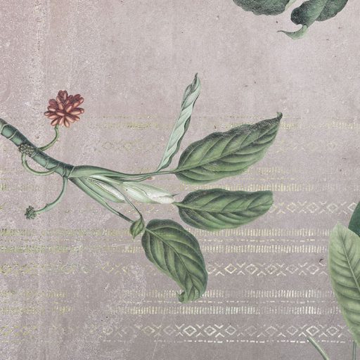 A trendek összefutnak - Etno sorminta és trópusi levelek betonfal háttéren szürke zöld mályva és bézsarany falpanel/digitális nyomat