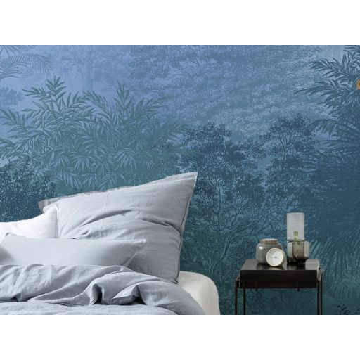 Titokzatos éjszakai dzsungel napkorong felé szálló madarakkal világoskék zöld kék és sárga tónusok falpanel/digitális nyomat