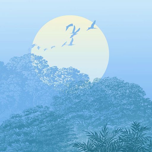 Titokzatos éjszakai dzsungel napkorong felé szálló madarakkal világoskék zöld kék és sárga tónusok falpanel/digitális nyomat