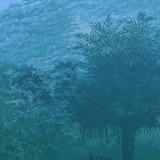 Titokzatos éjszakai dzsungel napkorong felé szálló madarakkal világoskék zöld kék és sárga tónusok falpanel/digitális nyomat