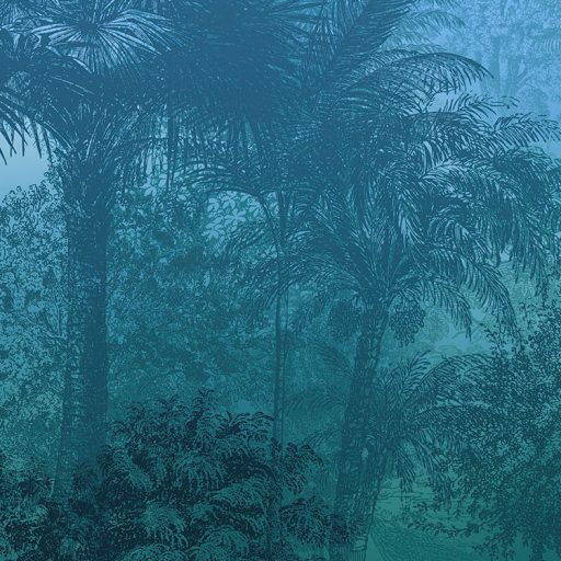 Titokzatos éjszakai dzsungel napkorong felé szálló madarakkal világoskék zöld kék és sárga tónusok falpanel/digitális nyomat