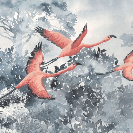 Szemünk előtt ez a fantasztikus látvány - Flamingók a felhők és fák között fehér szürke fekete és rózsaszín/korall falpanel/digitális nyomat