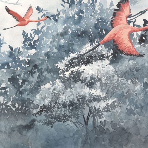 Szemünk előtt ez a fantasztikus látvány - Flamingók a felhők és fák között fehér szürke fekete és rózsaszín/korall falpanel/digitális nyomat