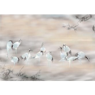   Szinte megáll az idő! Varázslatos pillanat - gázlómadarak a ködös tóban fehér szürke fekete sárga és rózsaszín falpanel/digitális nyomat