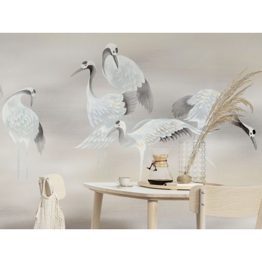 Szinte megáll az idő! Varázslatos pillanat - gázlómadarak a ködös tóban fehér szürke fekete sárga és rózsaszín falpanel/digitális nyomat