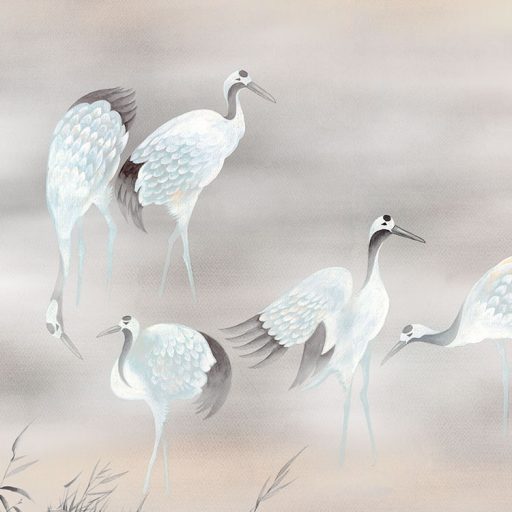 Szinte megáll az idő! Varázslatos pillanat - gázlómadarak a ködös tóban fehér szürke fekete sárga és rózsaszín falpanel/digitális nyomat