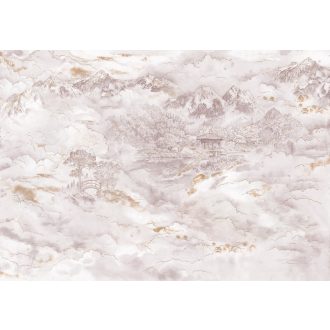   Távol-keleti magashegység panorámája történelmi attitüddel fehér bézs barna és aranybarna tónusok falpanel/digitális nyomat