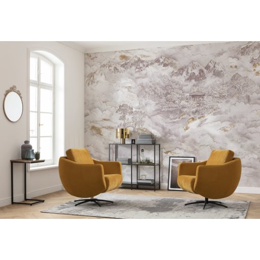 Távol-keleti magashegység panorámája történelmi attitüddel fehér bézs barna és aranybarna tónusok falpanel/digitális nyomat