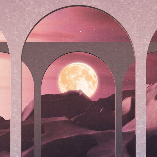 Holdfényben fürdőző orientális stílusú panorámakép vörös lila sárga mályva és szürkéskék tónusok falpanel/digitális nyomat