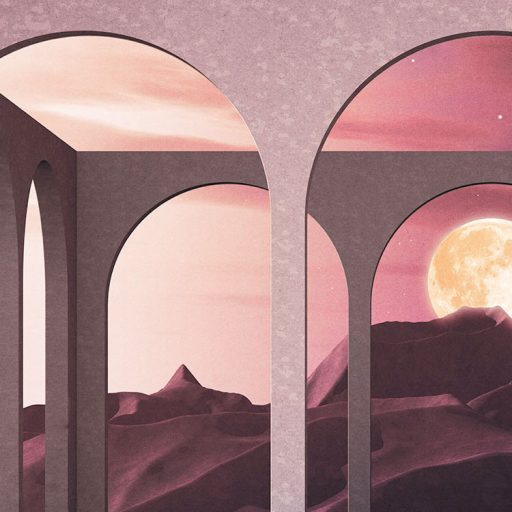 Holdfényben fürdőző orientális stílusú panorámakép vörös lila sárga mályva és szürkéskék tónusok falpanel/digitális nyomat