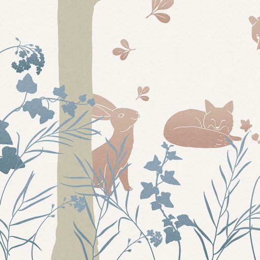 Az erdő lakói skandináv stílusú megjenítésben krém/bézs barna kék és zöldesszürke tónusok gyerekszobai falpanel/digitális nyomat