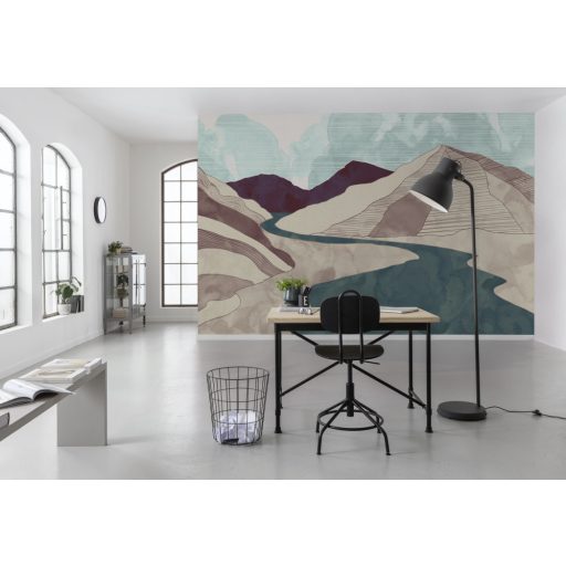 Absztrakt tájábrázolás kanyargó folyóval és hegyekkel törtfehér zöld barnáslila barna és világoszöld tónusok falpanel/digitális nyomat