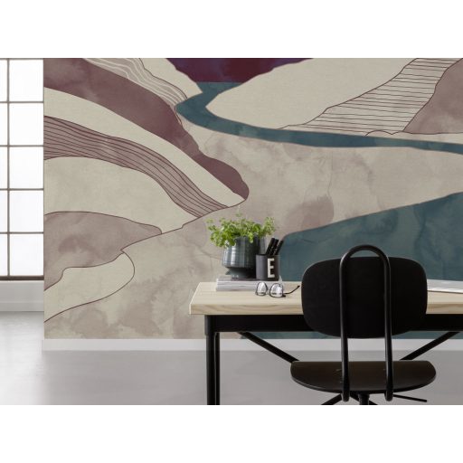 Absztrakt tájábrázolás kanyargó folyóval és hegyekkel törtfehér zöld barnáslila barna és világoszöld tónusok falpanel/digitális nyomat