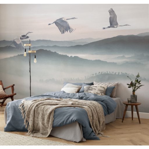 Északról a téli szállásra vonuló darvak megkapó látványa szürke bézs zöldeskék fekete és rózsaszín tónusok falpanel/digitális nyomat