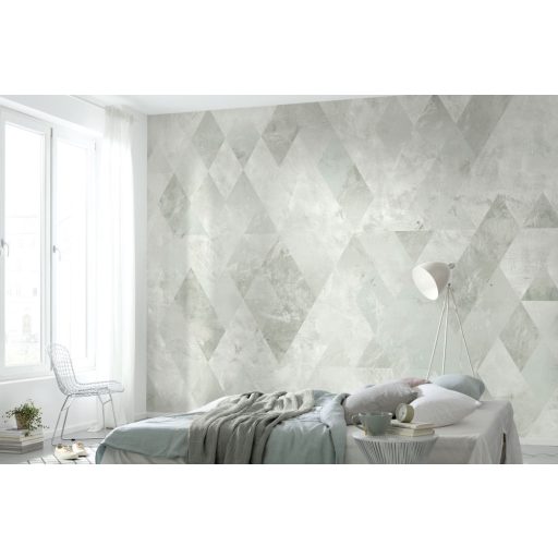 Játékos könnyedségű nagyformátumú rombuszminta beton háttéren zöld szürkészöld és szürkésfehér tónusok falpanel/digitális nyomat