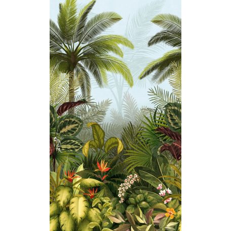 Valóságos színorgia - Változatos trópusi virágok levelek és pálmák világoskék zöld korall szines falpanel/digitális nyomat