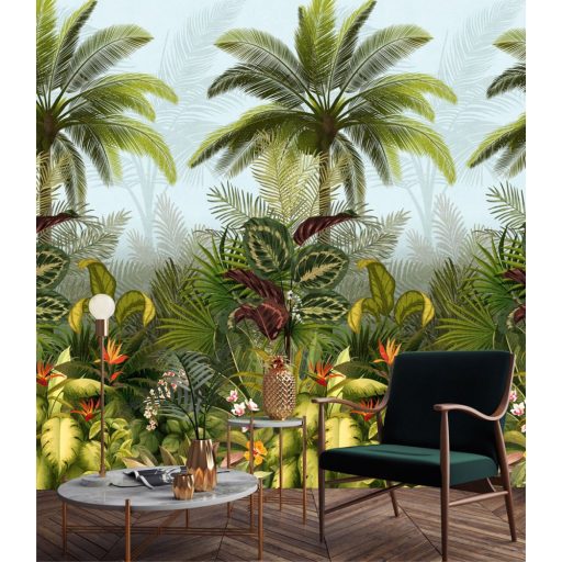 Valóságos színorgia - Változatos trópusi virágok levelek és pálmák világoskék zöld korall szines falpanel/digitális nyomat