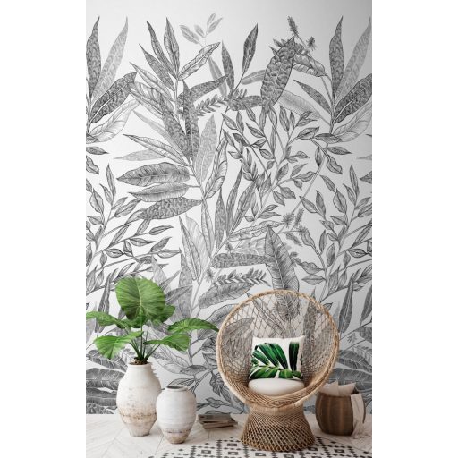 Monokróm megjelenítésű minimalista trópusi levélminta fehér szürke fekete tónus falpanel/digitális nyomat
