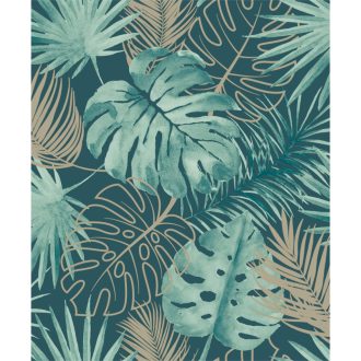   Trópusi édenkert - buja monstera levelek akvarell lágysággal zöld türkiz és aranybarna tónus tapéta