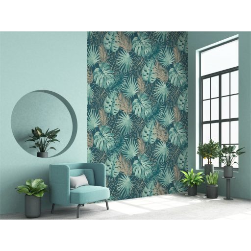 Trópusi édenkert - buja monstera levelek akvarell lágysággal zöld türkiz és aranybarna tónus tapéta
