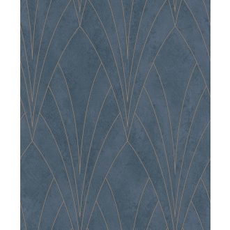   Art Deco stílusú grafikus designminta kék/szürkéskék és vörösréz/bronz tónus fémes hatású mintarajzolat tapéta