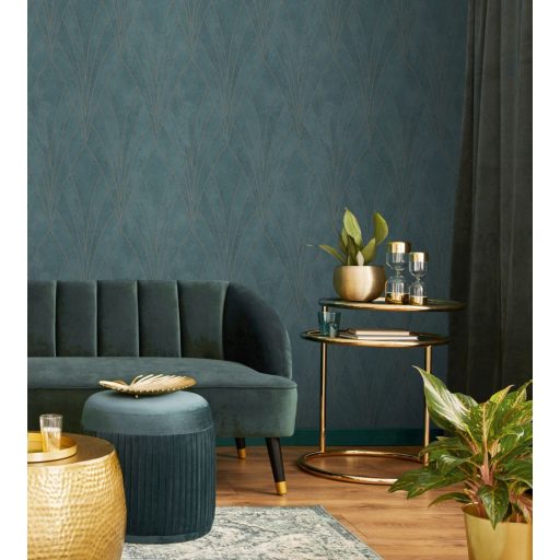 Art Deco stílusú grafikus designminta zöld és bézsarany tónus fémes hatású mintarajzolat tapéta