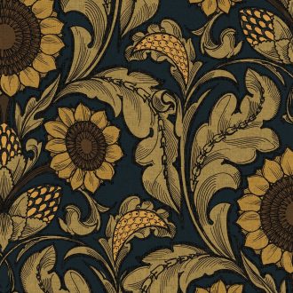   Az Arts & Crafts mozgalom szelleme - napraforgók akantuszlevelek ölelésében sötét petrolkék aranysárga és barna tónus tapéta