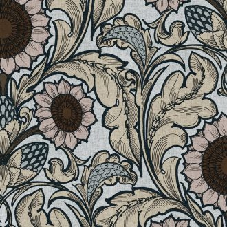   Az Arts & Crafts mozgalom szelleme - napraforgók akantuszlevelek ölelésében krémfehér púderrózsaszín fahéjbarna és porcelánkék tapéta