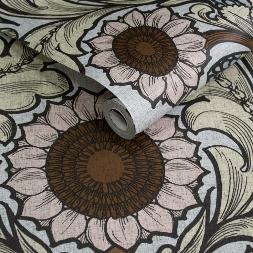 Az Arts & Crafts mozgalom szelleme - napraforgók akantuszlevelek ölelésében krémfehér púderrózsaszín fahéjbarna és porcelánkék tapéta