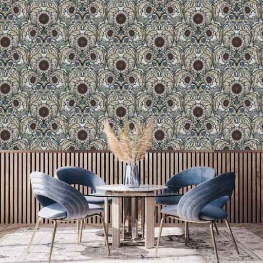 Az Arts & Crafts mozgalom szelleme - napraforgók akantuszlevelek ölelésében krémfehér púderrózsaszín fahéjbarna és porcelánkék tapéta