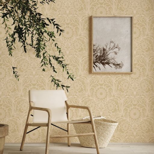 Az Arts & Crafts mozgalom szelleme - napraforgók akantuszlevelek ölelésében meleg homokbézs és krémfehér tónus tapéta