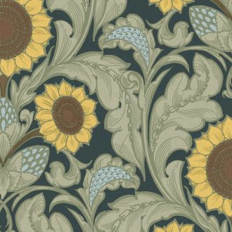   Az Arts & Crafts mozgalom szelleme - napraforgók akantuszlevelek ölelésében pávazöld ezüstszürke napraforgósárga zsályazöld és fahéjbarna tapéta