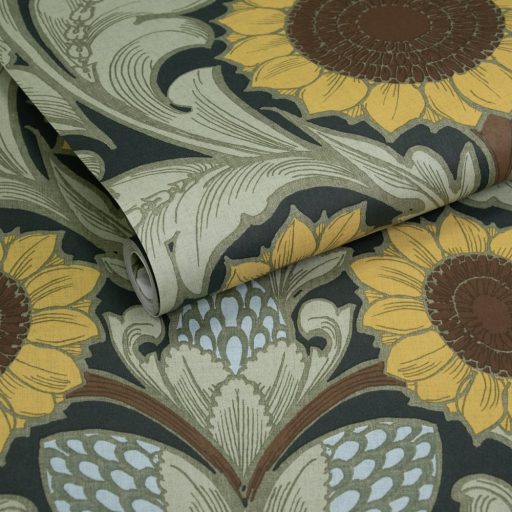 Az Arts & Crafts mozgalom szelleme - napraforgók akantuszlevelek ölelésében pávazöld ezüstszürke napraforgósárga zsályazöld és fahéjbarna tapéta