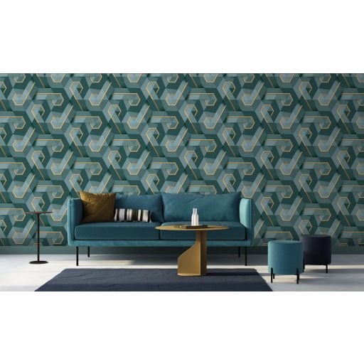 Ugepa ONYX M35411 Geometrikus Grafikus absztrakt designminta 3D kék zöldeskék sötétzöld arany tapéta