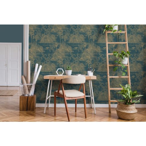 Ugepa EDEN M37301 Natur idilli trópusi életkép pálmafákkal éjkék arany finom csillogás tapéta