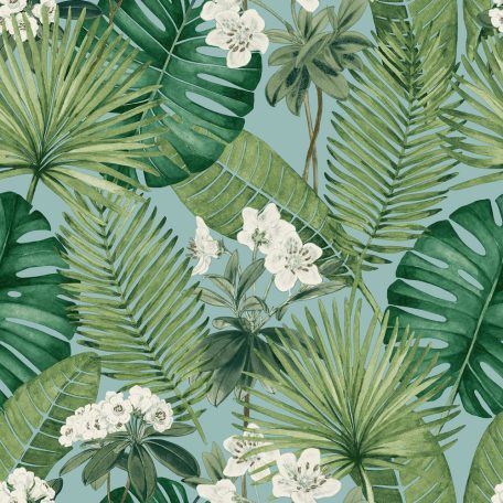 Ugepa EDEN M37801 Natur Trópusi levelek hibiszkusz virággal világoskék zöld árnyalatok fehér tapéta