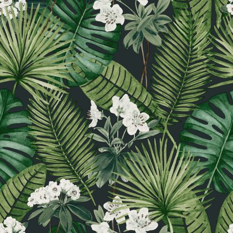 Ugepa EDEN M37804 Natur Trópusi levelek hibiszkusz virággal fekete zöld árnyalatok fehér tapéta