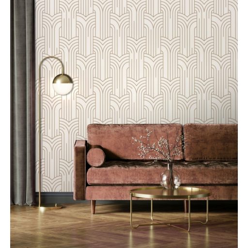 Modern Art Deco grafikus minta törtfehér és arany/bézsarany tónus tapéta fémes fénylő mintarajzolat tapéta