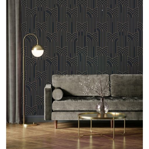 Modern Art Deco grafikus minta fekete és arany/bézsarany tónus tapéta fémes fénylő mintarajzolat tapéta