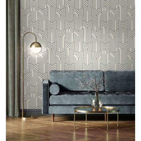 Modern Art Deco grafikus minta törtfehér és ezüst tónus tapéta fémes fénylő mintarajzolat tapéta