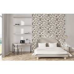   Virágok és levelek harmonikus elrendezésű mintája törtfehér szürke sötétszürke arany és fekete tónus tapéta