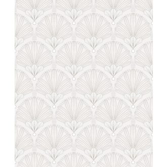   Levelekból és szirmokból kialakított organikus Art Deco minta fehér szürke és arany tónus fénylő mintarajzolat tapéta