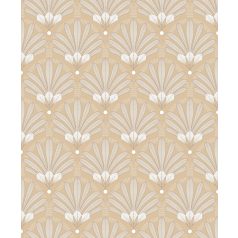   Levelekból és szirmokból kialakított organikus Art Deco minta sárga bézs fehér és arany tónus fénylő mintarajzolat tapéta